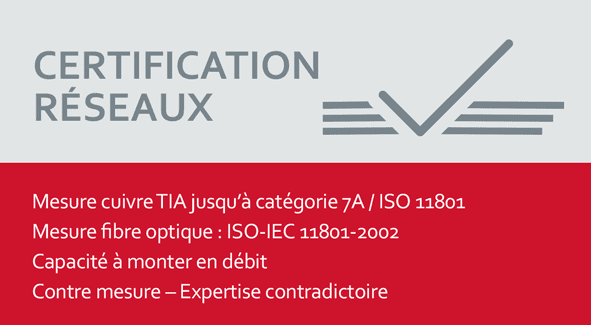 CERTIFICATION RÉSEAUX Mesure cuivre TIA jusqu’à catégorie 7A / ISO 11801 Mesure fibre optique : ISO-IEC 11801-2002 Capacité à monter en débit Contre mesure – Expertise contradictoire 