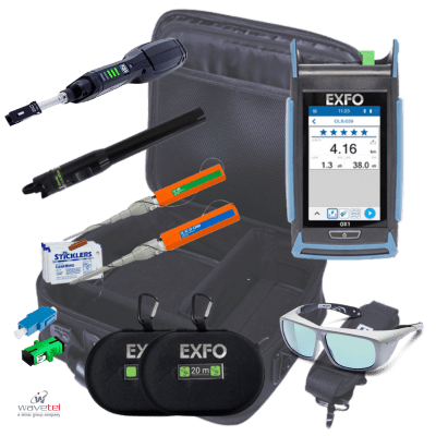 Kit complet de test fibre optique WAVETEL avec OTDR EXFO, caméra FI-200, VFL, outils de nettoyage, bobines amorces et lunettes de protection. Idéal pour le déploiement FTTx.