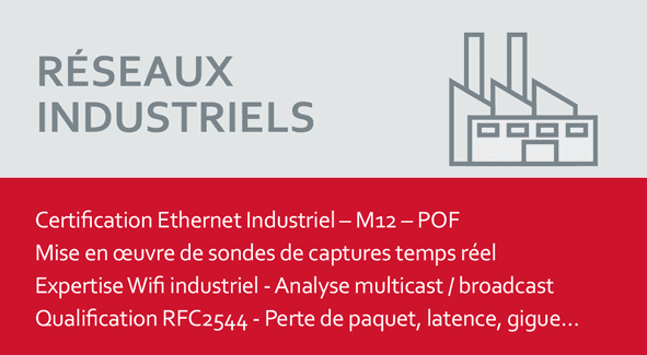 RÉSEAUX INDUSTRIELS Certification Ethernet Industriel – M12 – POF Mise en œuvre de sondes de captures temps réel Expertise Wifi Industriel Analyse multicast / broadcast Qualification RFC2544 Perte de paquet, latence, gigue…